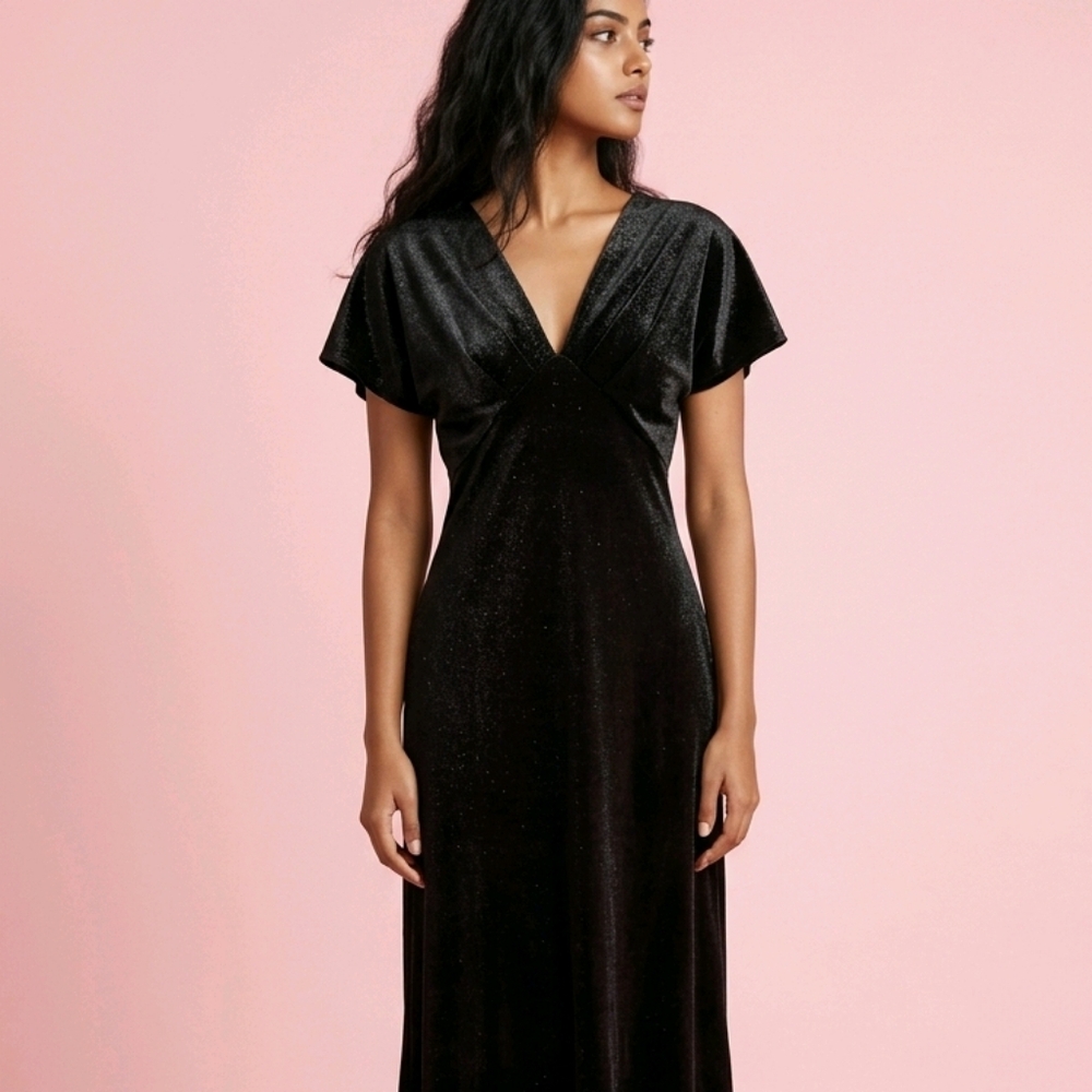 Zara Dark Khaki Velvet Maxi Dress XS Draped V-Neck Evening